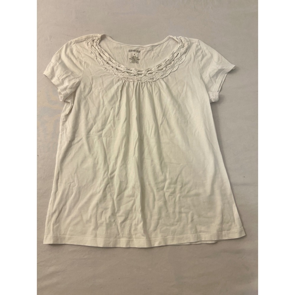 St Johns Bay White Lattice Neck Short Sleeve Cotton Modal Top Medium